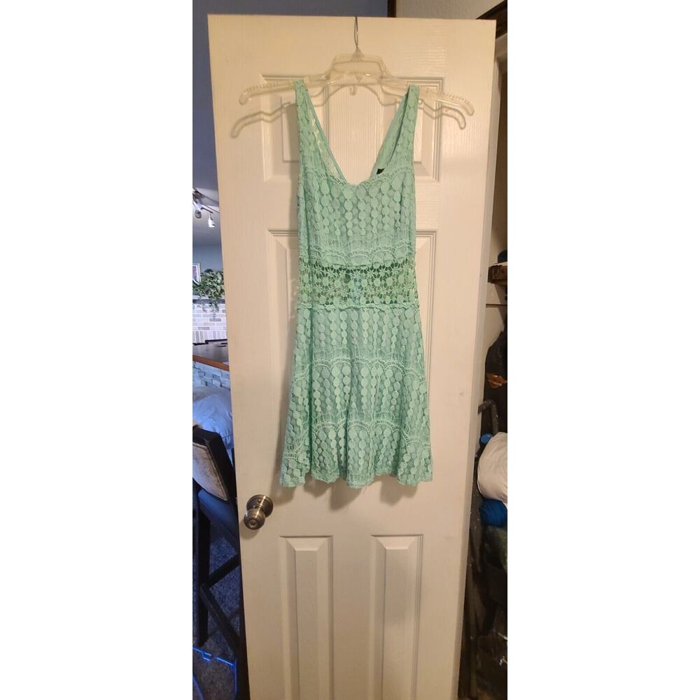 Vintage dress 1990's mini aqua blue size 9 with crochet